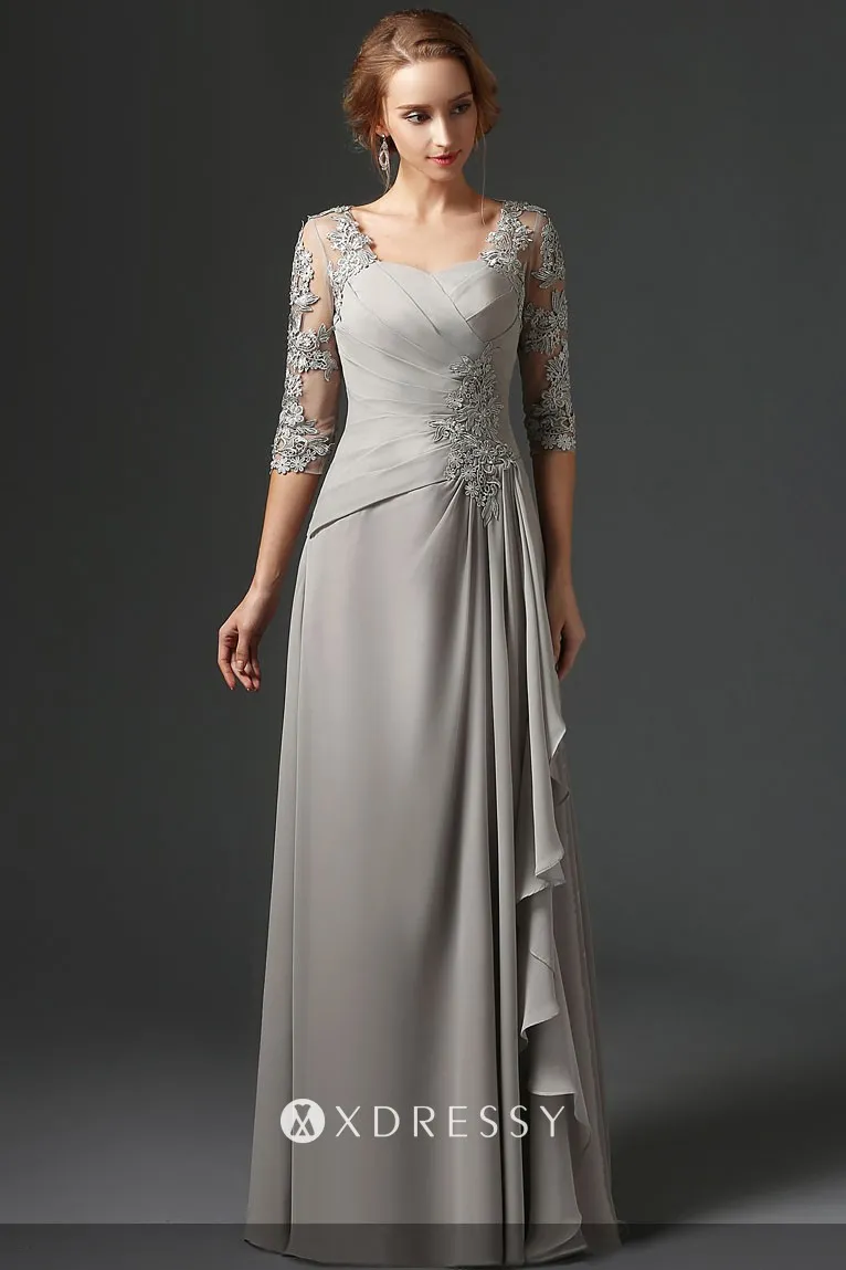 illusion elbow sleeve gray chiffon mother dress