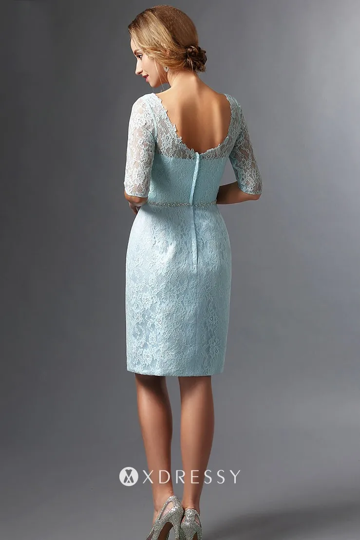 U back sky blue lace knee length mother dress