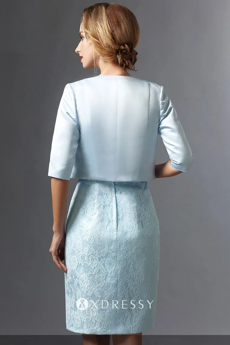 half sleeveless sky blue satin jacket lace short mother dress