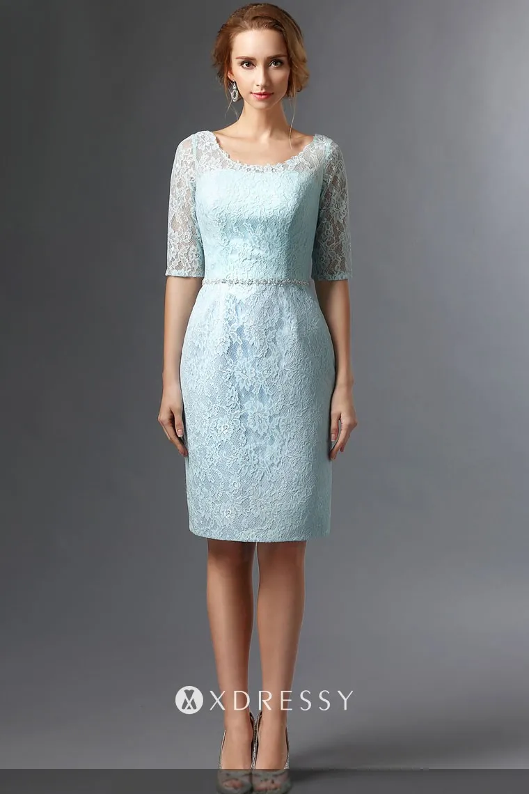 scoop neckline sky blue lace short mother dress