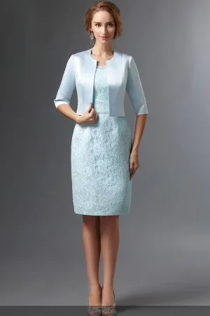 sky blue satin jacket lace short mother dress