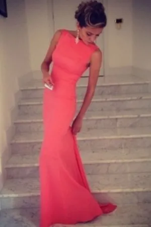 boat neck sleeveless hot pink spandex prom dress