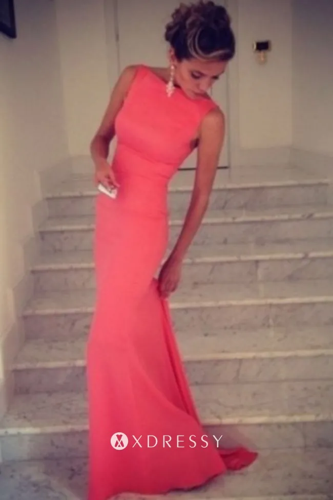 boat neck sleeveless hot pink spandex prom dress