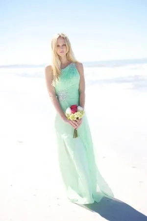 beaded one shoulder mint pleated bridesmaid dress