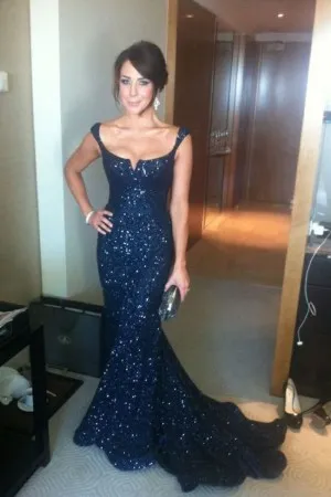 luxury beaded navy mermaid long train formal dress