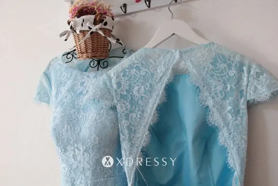 scalloped open back short baby blue lace bridesmaid dress