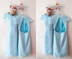 short baby blue lace open back bridesmaid dress