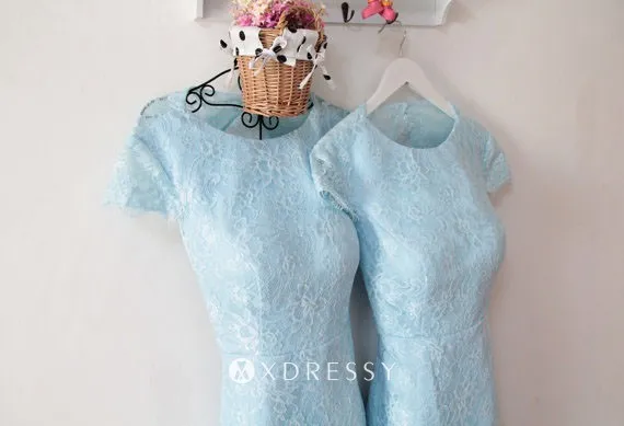 short sleeve baby blue lace open back bridesmaid dress