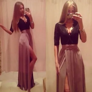 34 sleeve high slit V neck two tone prom dress