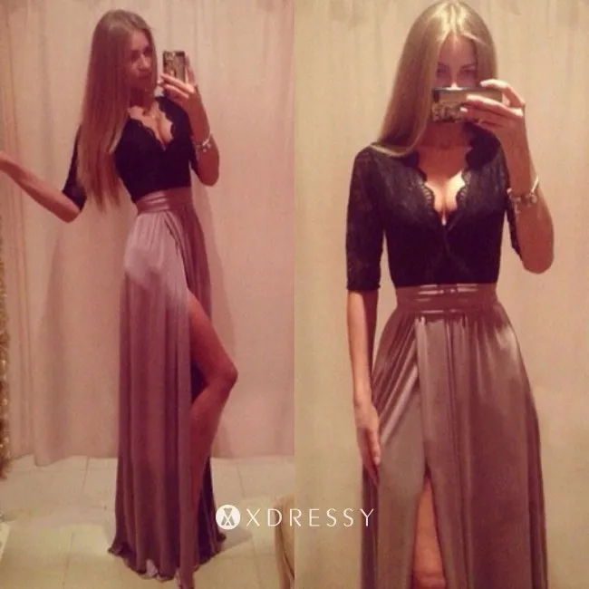 34 sleeve high slit V neck two tone prom dress 34 sleeve high slit V neck two tone prom dress