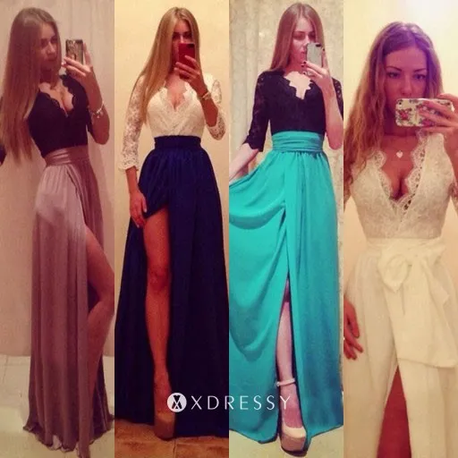 plunging V neck 34 sleeve high slit two tone prom dress plunging V neck 34 sleeve high slit two tone prom dress