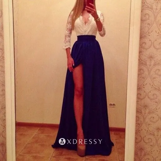 thigh high slit 34 sleeve V neck two tone prom dress thigh high slit 34 sleeve V neck two tone prom dress