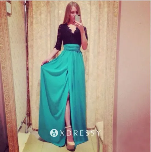 two tone scalloped V neck 34 sleeve high slit prom dress two tone scalloped V neck 34 sleeve high slit prom dress