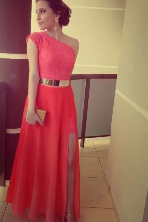 one shoulder split watermelon wedding guest dress