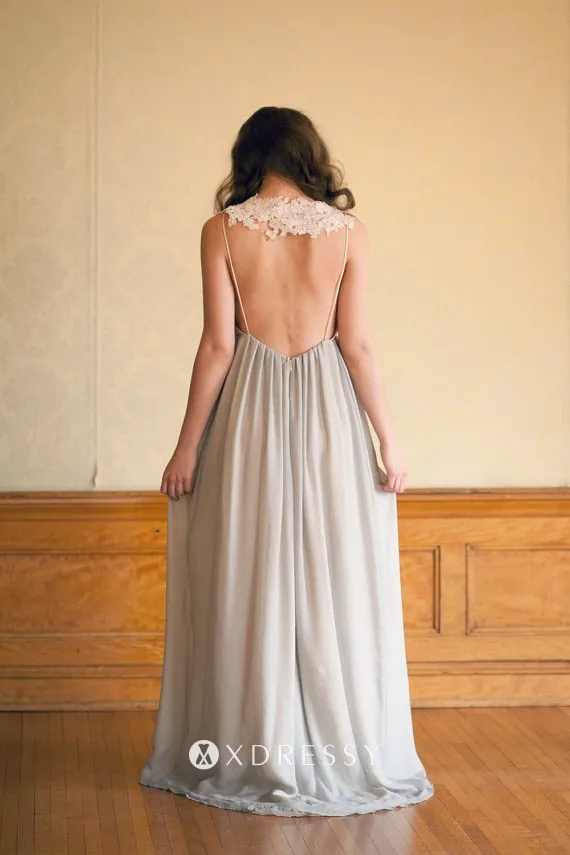 open back with lace and spaghetti straps smoky gray chiffon evening dress open back with lace and spaghetti straps smoky gray chiffon evening dress