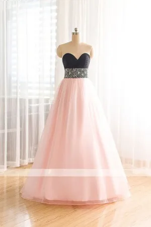 strapless two tone black pink beaded prom ballgown