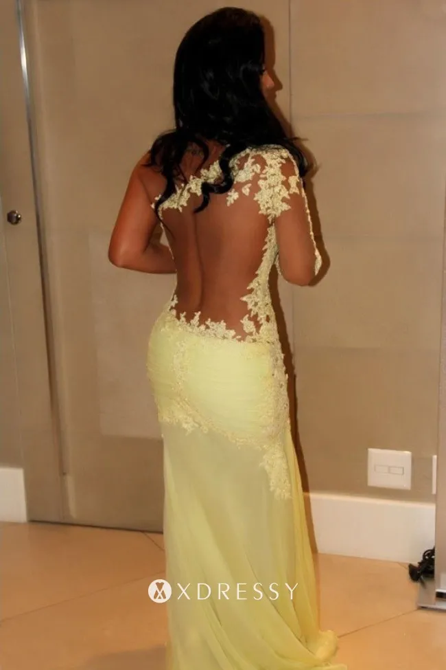 illusion back one sleeve pale yellow lace prom dress