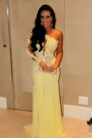 one sleeve illusion pale yellow lace prom dress