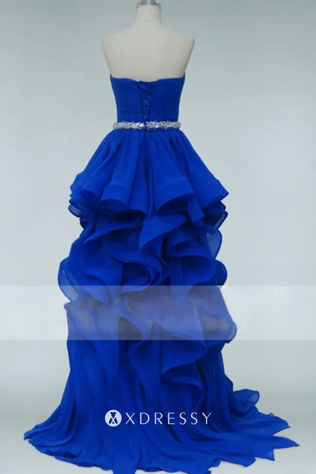 lace up low back royal blue strapless tiered ruffled prom ball gown