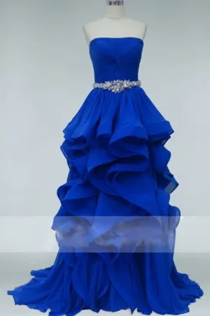 royal blue strapless tiered ruffled prom ball gown