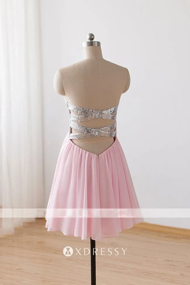 low back with straps short silver sequin pink chiffon homecoming dress