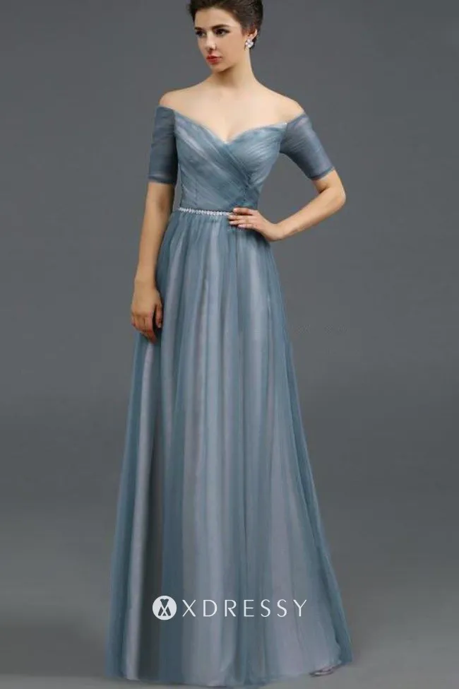 V neck off the shoulder short sleeve tulle evening dress V neck off the shoulder short sleeve tulle evening dress