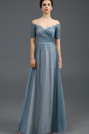 off the shoulder short sleeve tulle evening dress