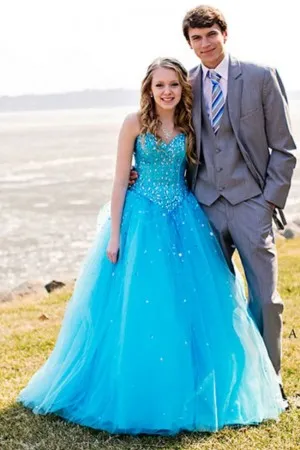 diamond basque waist pool blue engagement ballgown