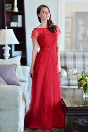 beaded red tulle overlay short sleeve formal dress