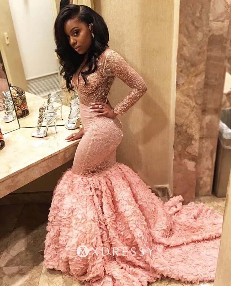 illusion long sleeve beading bodice 3D rose trumpet prom dress illusion long sleeve beading bodice 3D rose trumpet prom dress