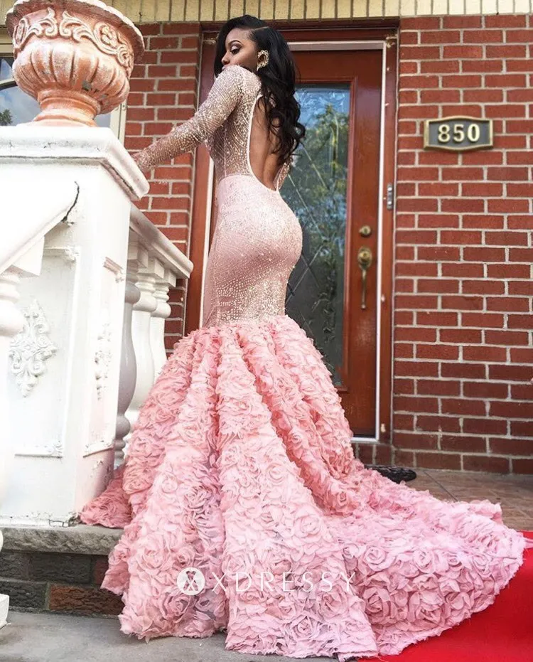 open back beading illusion bodice 3D rose trumpet prom dress open back beading illusion bodice 3D rose trumpet prom dress