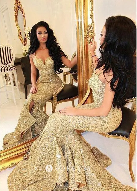 flounced tiered mermaid gold sequin slit prom gown flounced tiered mermaid gold sequin slit prom gown