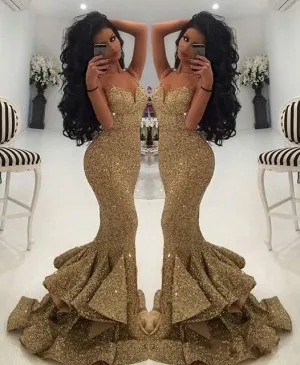 gold sequin slit flounced tiered mermaid prom gown