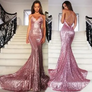 low back spaghetti straps rose pink sequin mermaid prom gown