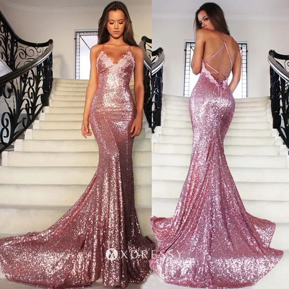low back spaghetti straps rose pink sequin mermaid prom gown low back spaghetti straps rose pink sequin mermaid prom gown