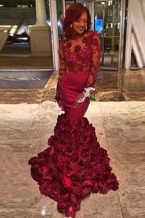 floral burgundy sleeved 3D rose illusion prom gown