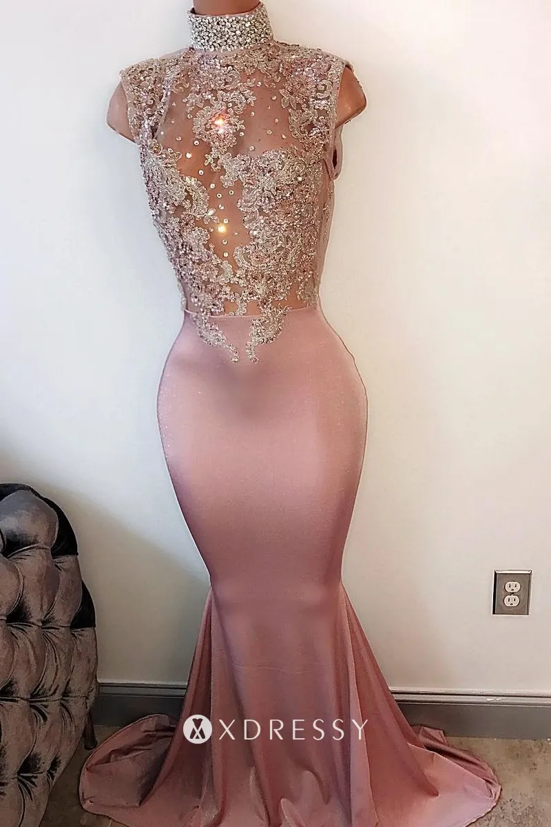 beaded high neck rose pink satin mermaid prom gown