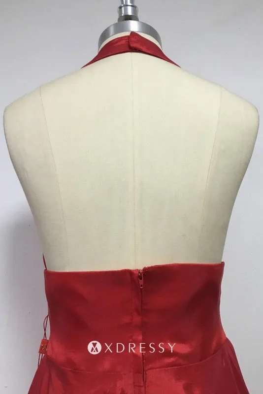 low back high slit V neck red satin prom dress low back high slit V neck red satin prom dress