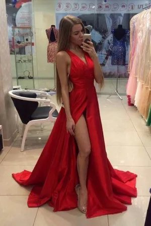sleeveless high slit V neck red satin prom dress