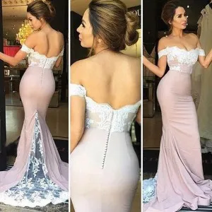 lace appliqued off shoulder pink bridesmaid dress