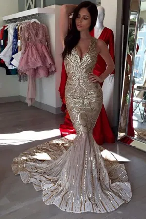 gold sequin V neck sleeveless mermaid prom dress