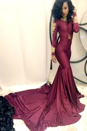gold lace burgundy high neck long sleeve prom gown