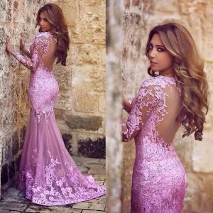 illusion open back lilac lace tulle sexy prom gown