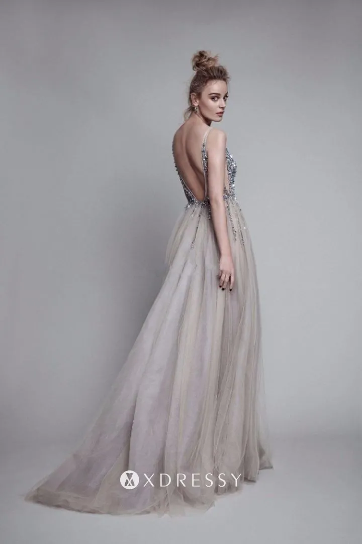 low V back beaded champagne prom dress low V back beaded champagne prom dress