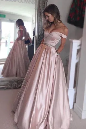 off the shoulder pearl pink satin prom ball gown