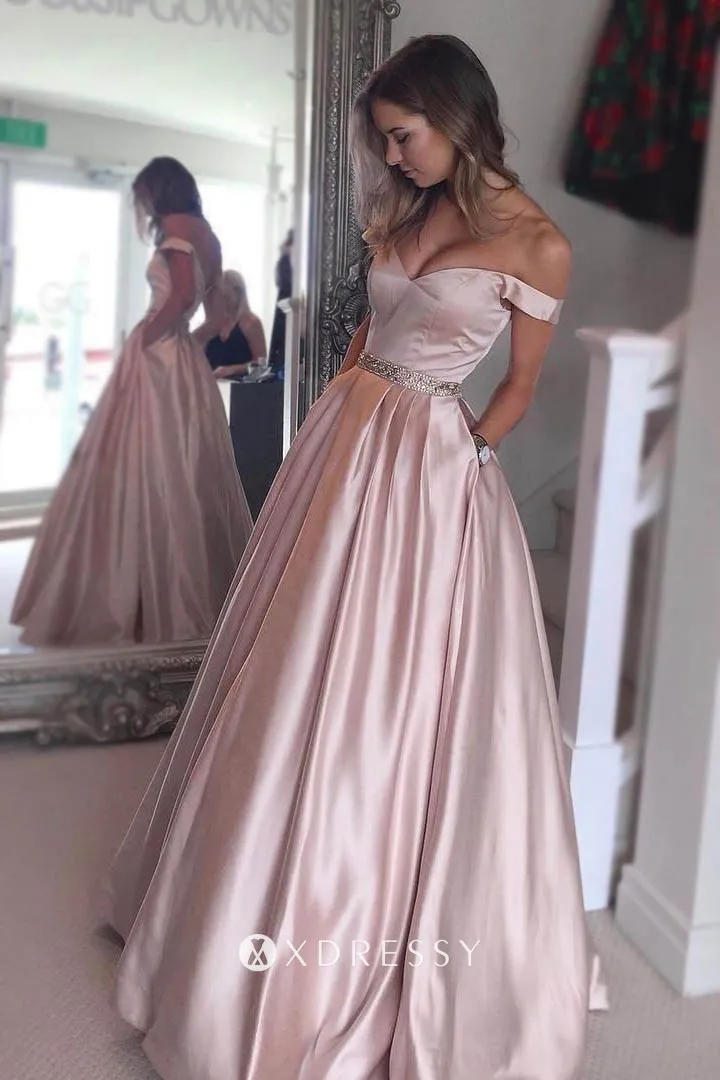 off the shoulder pearl pink satin prom ball gown off the shoulder pearl pink satin prom ball gown