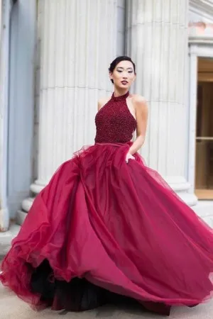 beaded halter neck wine tulle ball gown prom dress