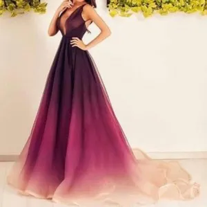 burgundy to peach ombre deep V neck long prom gown