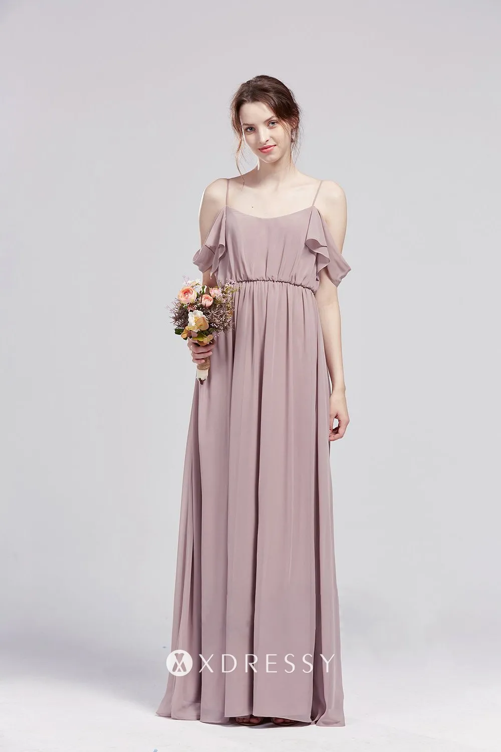 Empire Chiffon Off the shoulder Long Dresses Coral