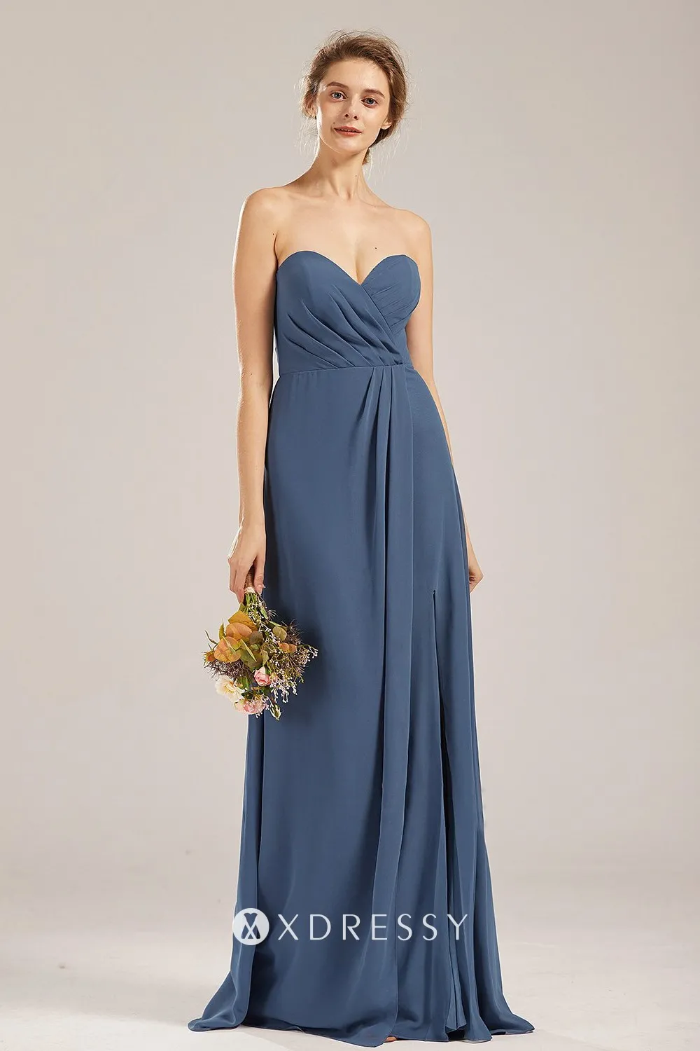 steel blue strapless sweetheart dress